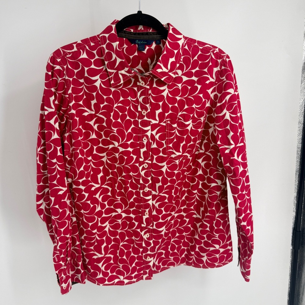Boden Red Cream Abstract Petal Print Cotton Button Down Shirt 18 Long Sleeve Top
